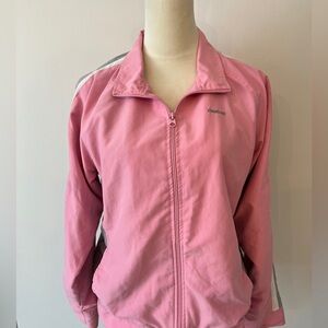 Women’s size large pink Reebok jacket polyester gray white striped